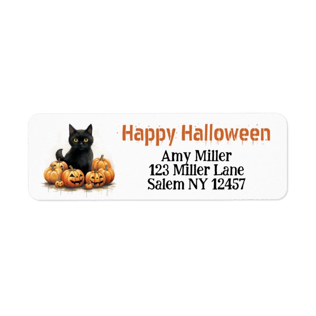 Cute Black Kitten med Jack-O-Lanternor Halloween Returadress Etikett (Framsidan)