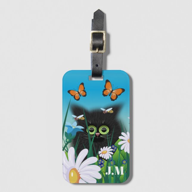 Cute Black Kitten och Daisys Art Monogram Bagagebricka (Framsida vertikal)