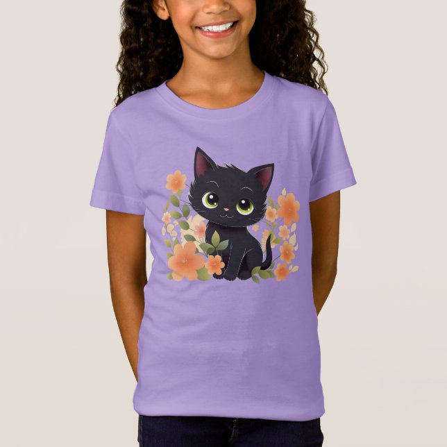 Cute Black Kitten och Flowers T Shirt (Framsida)
