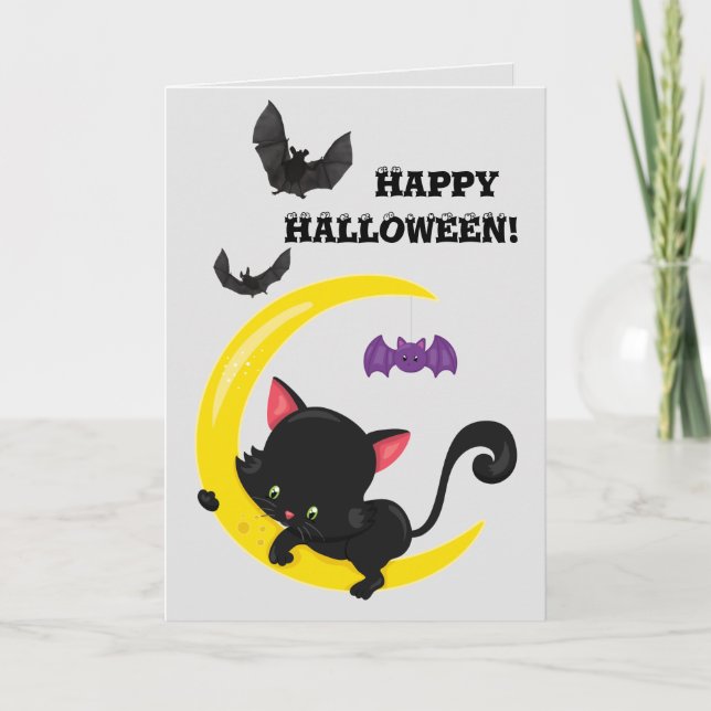 Cute Black Kitten och Måne Kids Halloween Kort (Framsida)