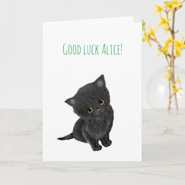 Cute Black Kitten personlig lycka till kort (Gul blomma)