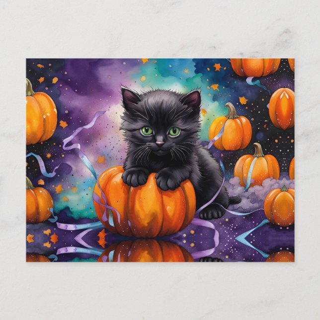 Cute Black Kitten Pumpkins och Ribbon Helg Vykort (Framsida)