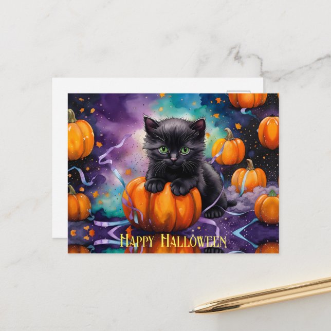 Cute Black Kitten Pumpkins och Ribbon Helg Vykort (Fram/Back In Situ)