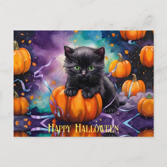 Cute Black Kitten Pumpkins och Ribbon Vykort (Framsida)