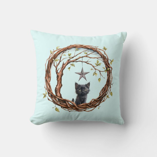 Cute Black Kitten vaktar en stjärna Kudde (Framsida)