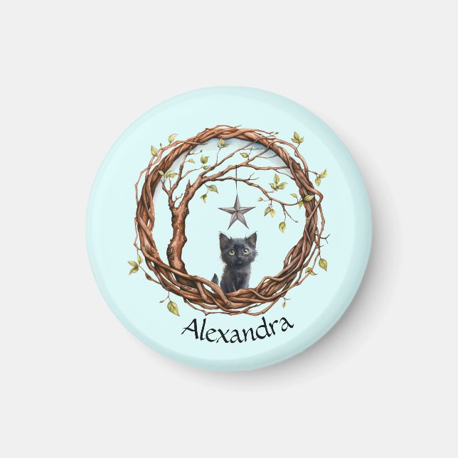 Cute Black Kitten vaktar en stjärna Magnet (Framsidan)