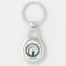 Cute Black Kitten vaktar en stjärna Ovalt Silverfärgad Nyckelring