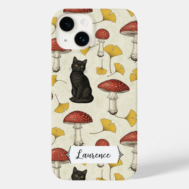 Cute Black Kitten with Mushrooms Personalized name (Baksida)