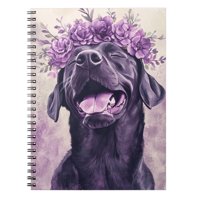 Cute Black Labrador Retriever Hund Lila Blommigt Anteckningsbok (Framsidan)