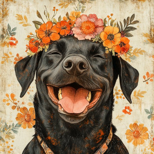 Cute Black Labrador Retriever Hund Orange Blommigt Tygkasse