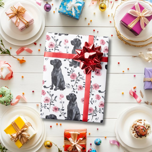 Cute Black Labrador Retriever Hund Rosa Blommigt Presentpapper (Skapare uppladdad)