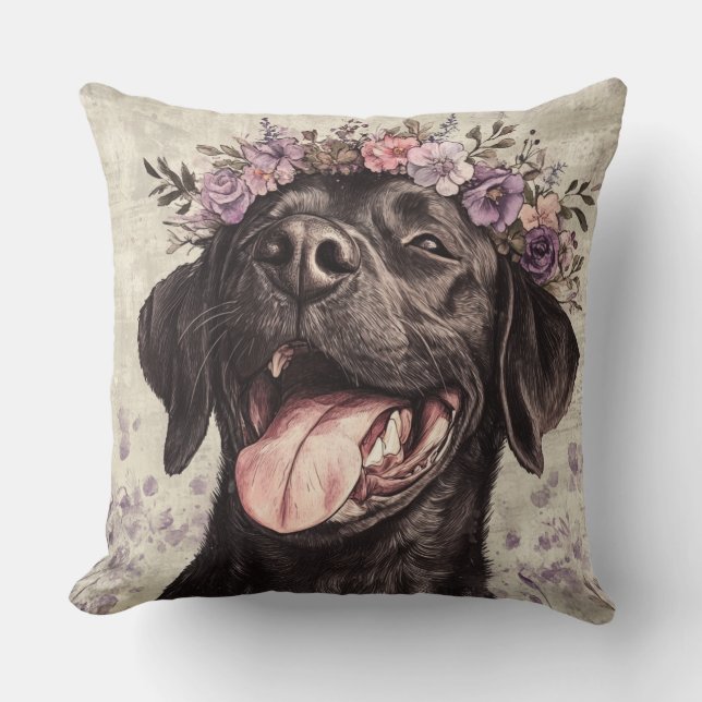 Cute Black Labrador Retriever Lila Blommigt Kudde (Framsida)