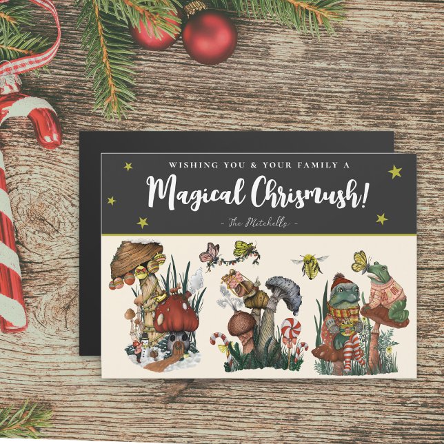 Cute Black Magic Mushroom Magnetic-julkort (Black magical mushroom christmas card with whimsical illustrations of mushrooms, frogs and snails)