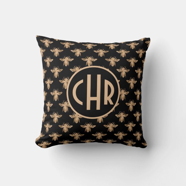 Cute Black och Guld Queen Bee Monogram Kudde (Framsida)