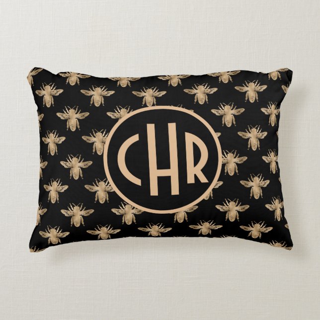 Cute Black och Guld Queen Bee Monogram Prydnadskudde (Framsidan)