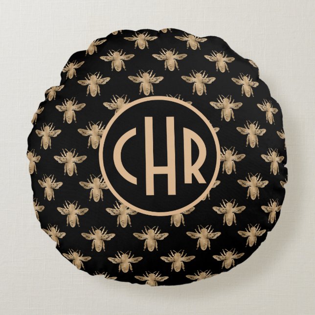 Cute Black och Guld Queen Bee Monogram Rund Kudde (Framsidan)