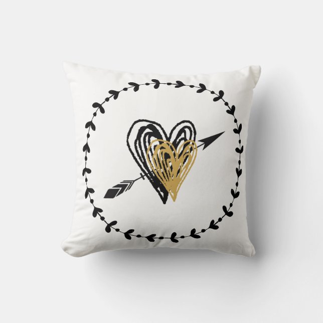 Cute Black och Guld Sketched Hearts Kudde (Framsida)