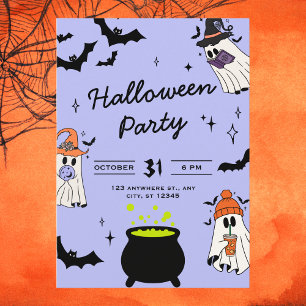 Cute Black och Lila Illustrative Ghost Halloween Inbjudningar