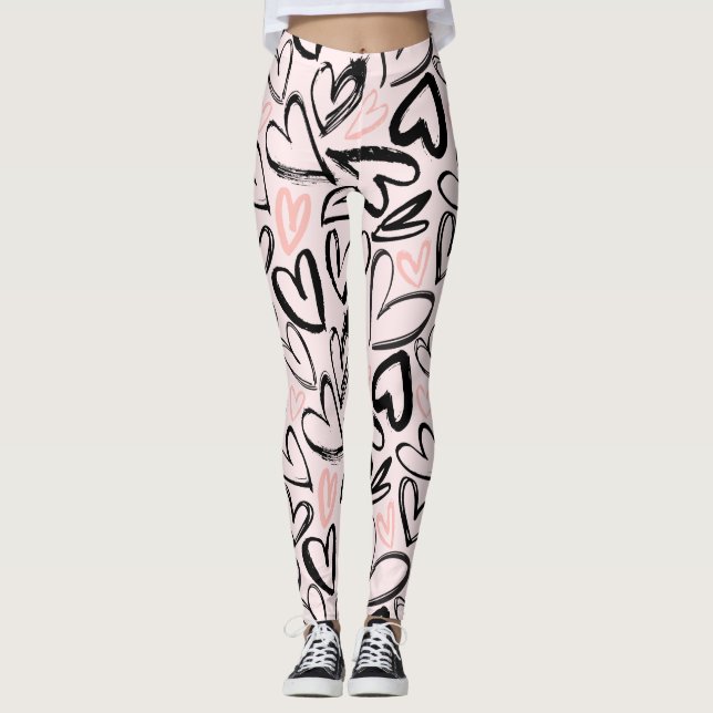 Cute Black och rosa valentines day hjärta mönster Leggings (Framsida)