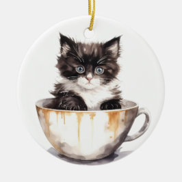 CUTE BLACK OCH WHITE KITTEN I TEKOPP JULGRANSPRYDNAD KERAMIK