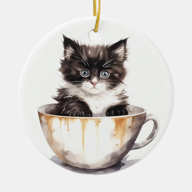 CUTE BLACK OCH WHITE KITTEN I TEKOPP JULGRANSPRYDNAD KERAMIK (Framsidan)