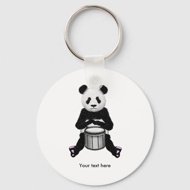 Cute BLack och White Panda Drummer Nyckelring (Framsida)