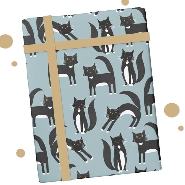 Cute Black och White Tuxedo Cat Mönster Presentpapper (Black and white Tuxedo Cat pattern gift wrap paper roll)