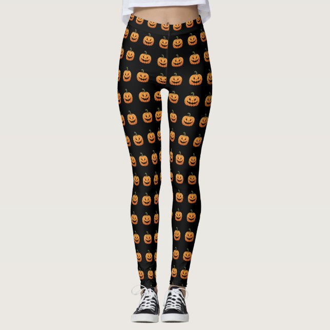 Cute Black Orange Pumpkins Halloween Leggings (Framsida)
