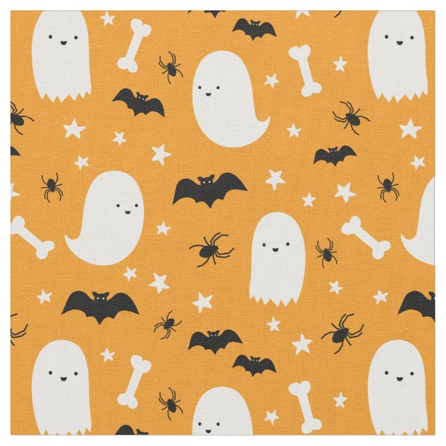 Cute Black Orange Spooky Spöken Spiders Halloween Tyg (Närbild)