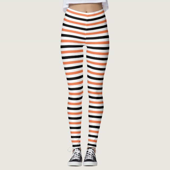 Cute Black Orange & White Rand Mönster Halloween Leggings (Framsida)