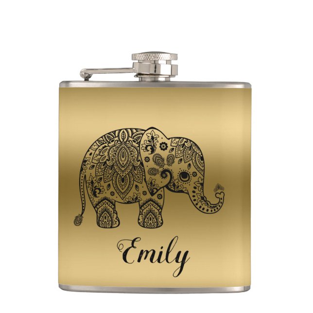 Cute Black Paisley Elephant Guld Background Fickplunta (Framsidan)
