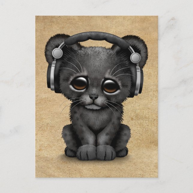 Cute Black Panther Unge Dj-hörlurar Vykort (Framsida)