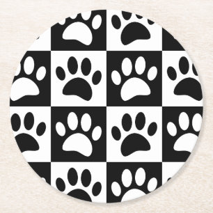 Cute Black Paw Print Checkerboard Mönster Underlägg Papper Rund