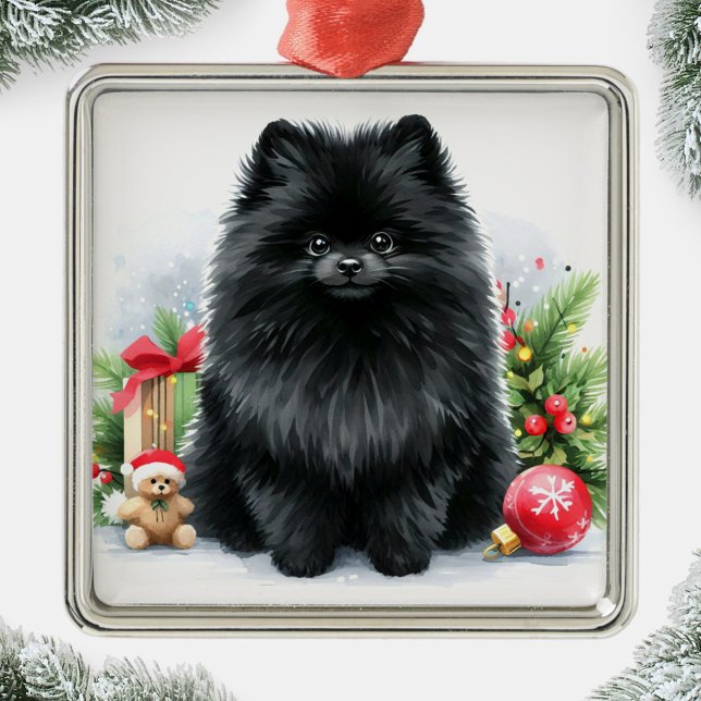 Cute Black Pommern Watercolor jul Julgransprydnad Metall (Skapare uppladdad)