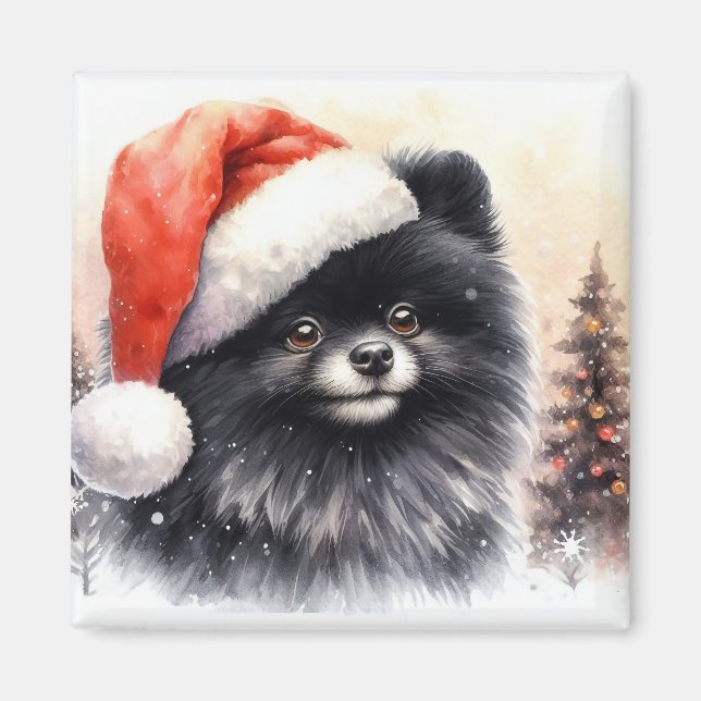 Cute Black Pommern Watercolor jul Magnet (Framsidan)