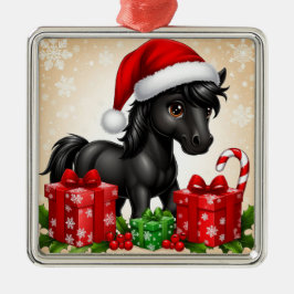 Cute Black Pony med Santa Hat Julgransprydnad Metall
