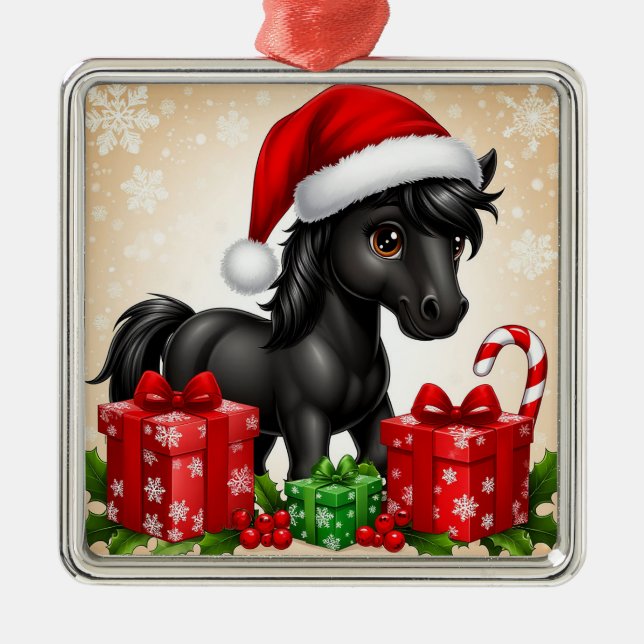 Cute Black Pony med Santa Hat Julgransprydnad Metall (Framsidan)