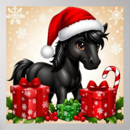 Cute Black Pony med Santa Hat Poster