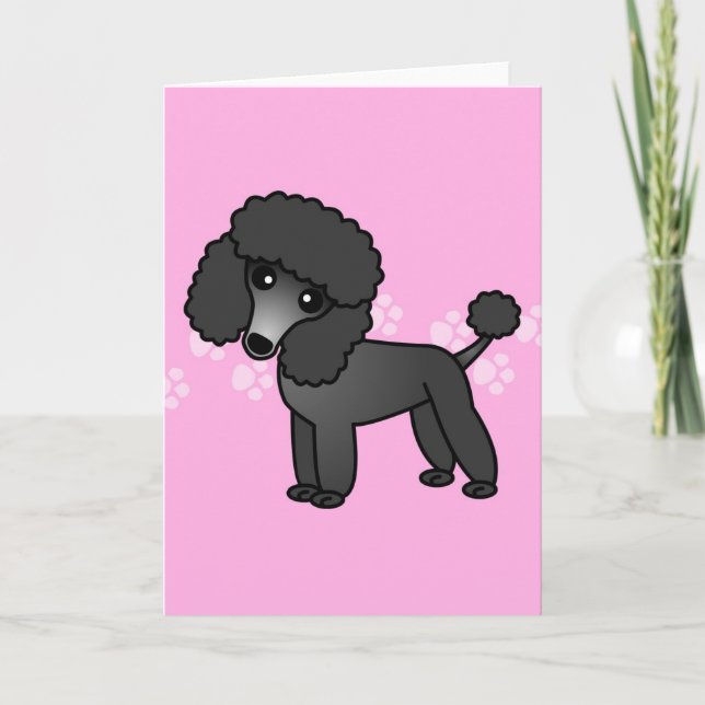 Cute Black Pudel Tecknad - Rosa Pawprint Kort (Framsida)