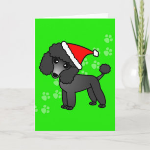 Cute Black Pudel Tecknad Santa Hat Helgkort