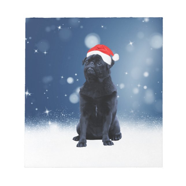 Cute Black Pug Hund jultomten Hat Snö Stars Anteckningsblock (Framsida)