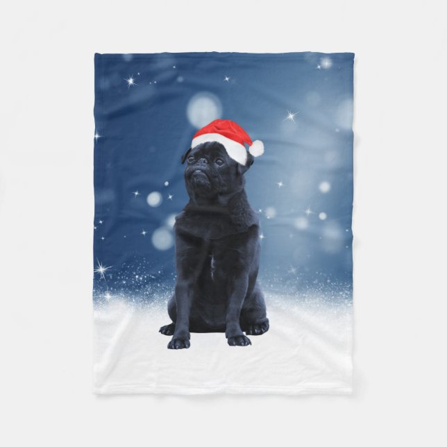 Cute Black Pug Hund jultomten Hat Snö Stars Fleecefilt (Framsidan)