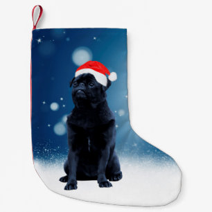 Cute Black Pug Hund jultomten Hat Snö Stars Liten Julstrumpa