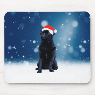 Cute Black Pug Hund jultomten Hat Snö Stars Musmatta