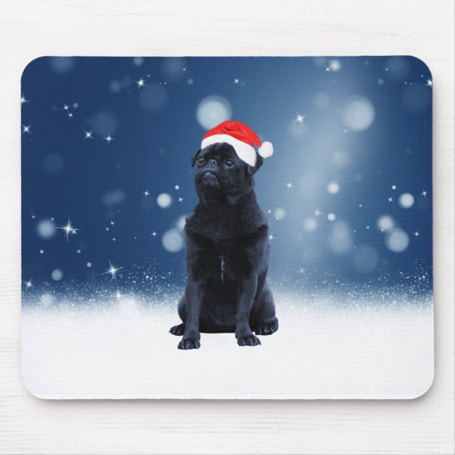 Cute Black Pug Hund jultomten Hat Snö Stars Musmatta (Framsidan)