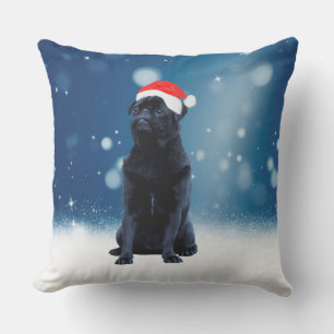 Cute Black Pug Hund jultomten Hat Snö Stars Utomhuskudde