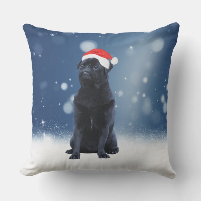 Cute Black Pug Hund jultomten Hat Snö Stars Utomhuskudde (Framsida)