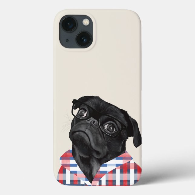 Cute Black Pug-Hund med glas och checkar in skift (Baksida)