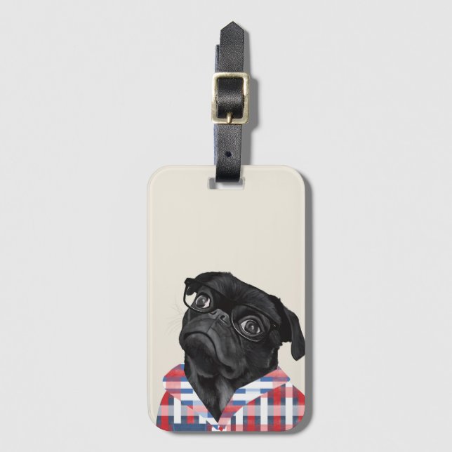 Cute Black Pug-Hund med glas och checkar in skift Bagagebricka (Framsida vertikal)