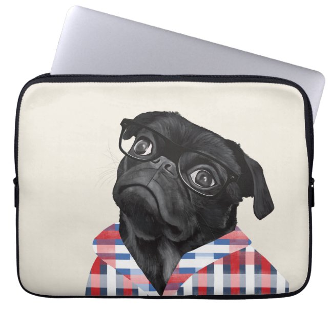 Cute Black Pug-Hund med glas och checkar in skift Laptop Fodral (Framsidan)